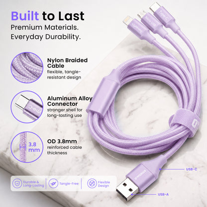 Emerald 10ft 3-in-1 Braided USB-A or USB-C to Lightning, Type-C & Micro USB Fast Charging & Data Syncing Cable