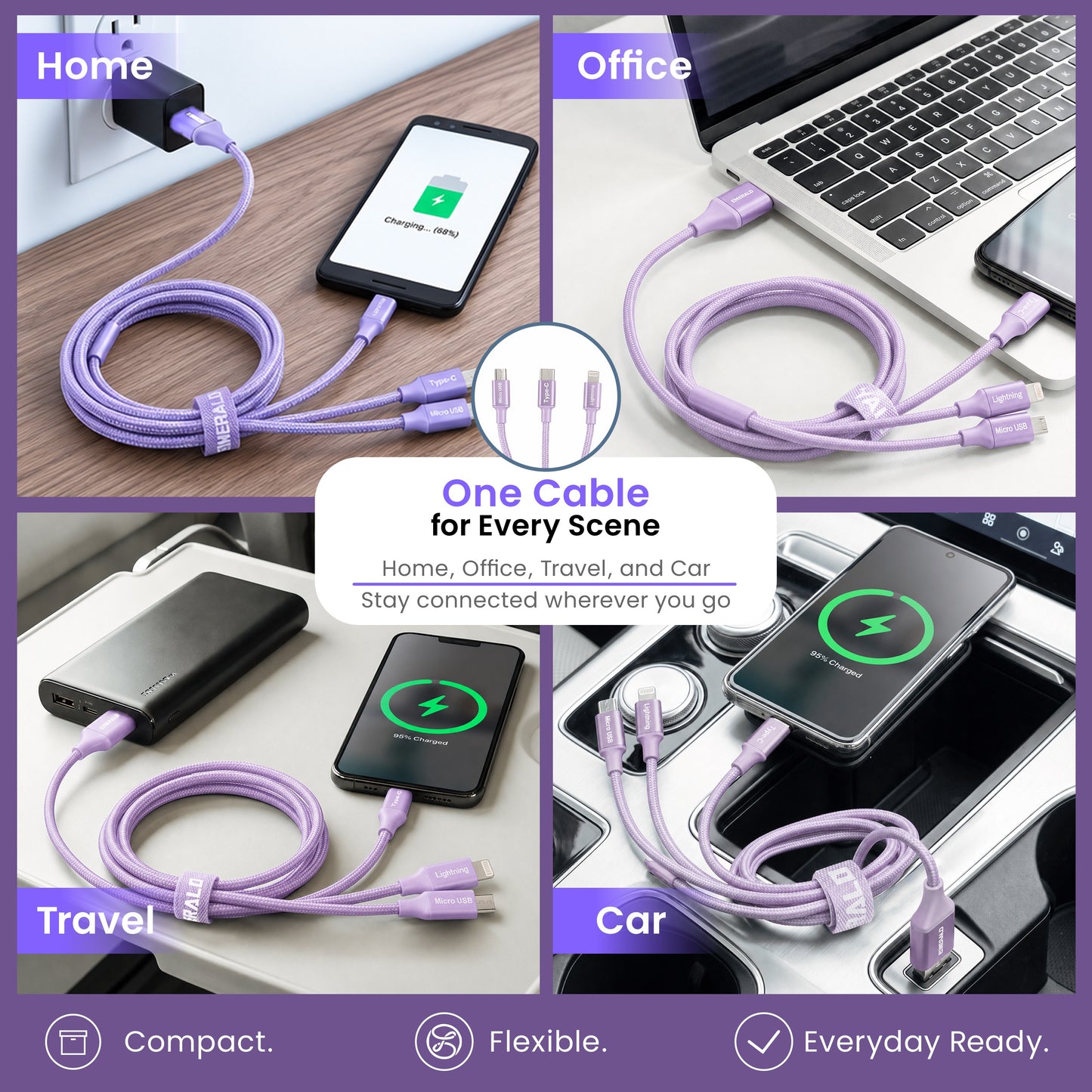Emerald 10ft 3-in-1 Braided USB-A or USB-C to Lightning, Type-C & Micro USB Fast Charging & Data Syncing Cable