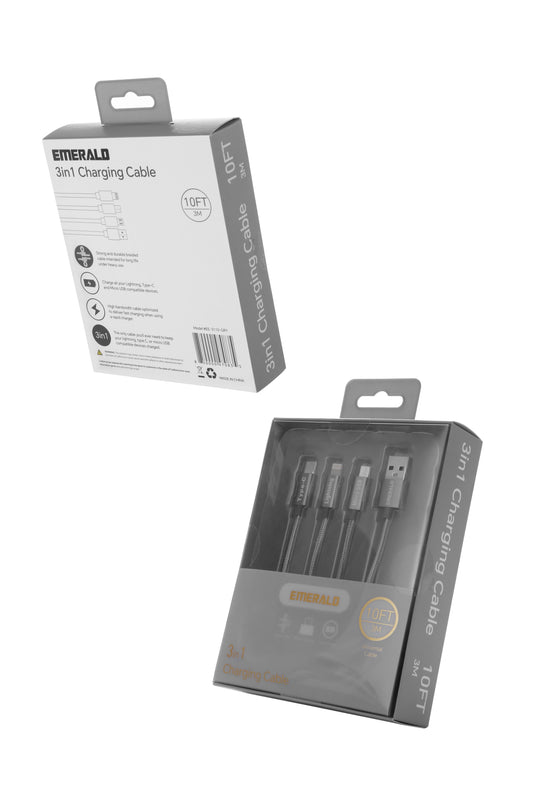 Emerald 10ft 3-in-1 Braided USB-A to Lightning, Type-C & Micro USB Fast Charging & Data Syncing Cable
