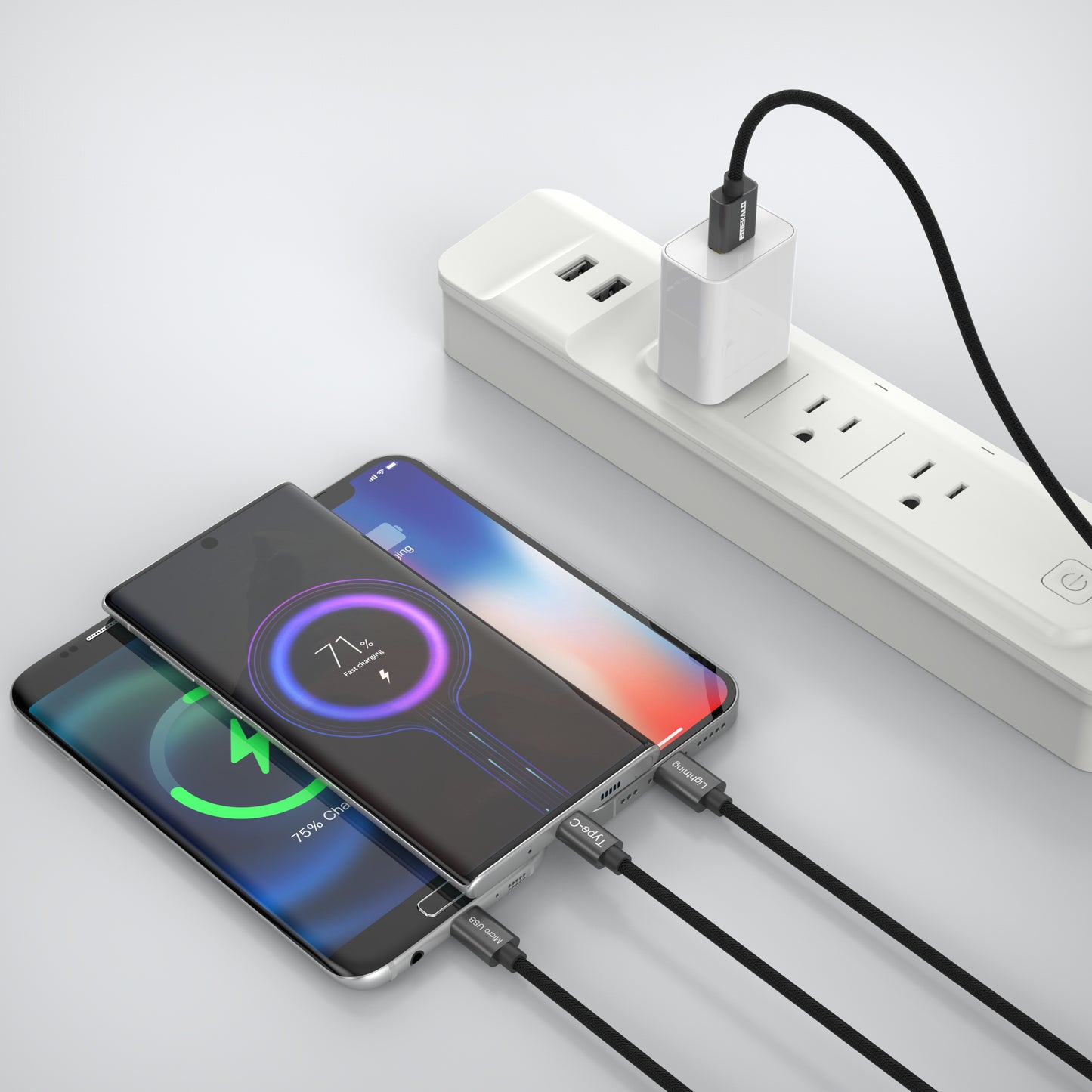 Emerald 6ft 3-in-1 Braided USB-A to Lightning, Type-C & Micro USB Fast Charging & Data Syncing Cable