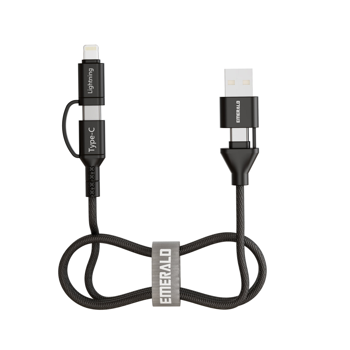 Emerald 3ft 4-in-1 Braided USB-A & Type-C to Lightning & Type-C, Fast Charging & Data Syncing Cable