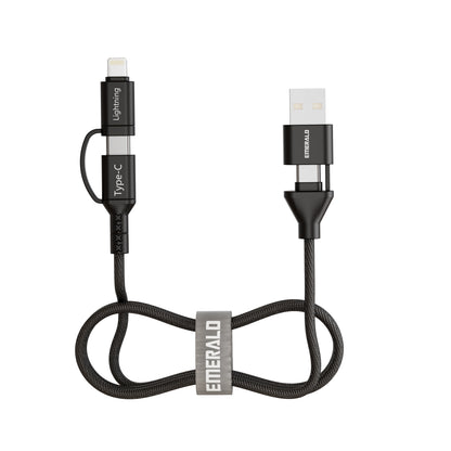 Emerald 3ft 4-in-1 Braided USB-A & Type-C to Lightning & Type-C, Fast Charging & Data Syncing Cable