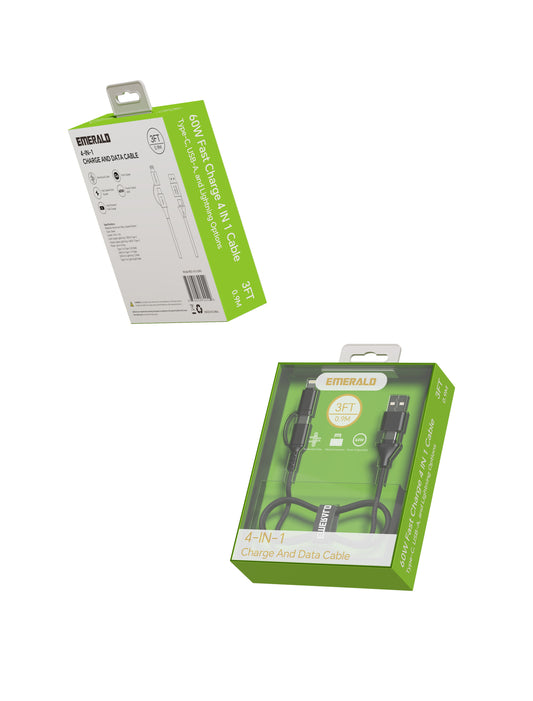 Emerald 3ft 4-in-1 Braided USB-A & Type-C to Lightning & Type-C, Fast Charging & Data Syncing Cable