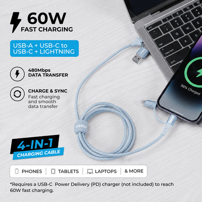 Emerald 6ft 4-in-1 Braided USB-A & Type-C to Lightning & Type-C, Fast Charging & Data Syncing Cable