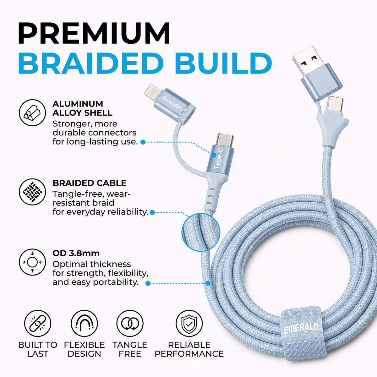 Emerald 6ft 4-in-1 Braided USB-A & Type-C to Lightning & Type-C, Fast Charging & Data Syncing Cable