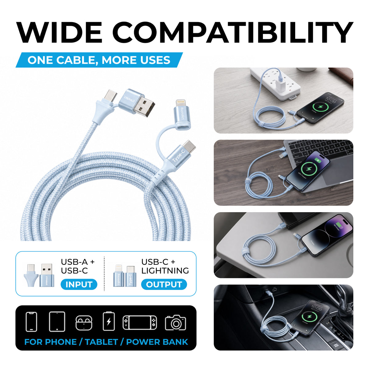 Emerald 6ft 4-in-1 Braided USB-A & Type-C to Lightning & Type-C, Fast Charging & Data Syncing Cable
