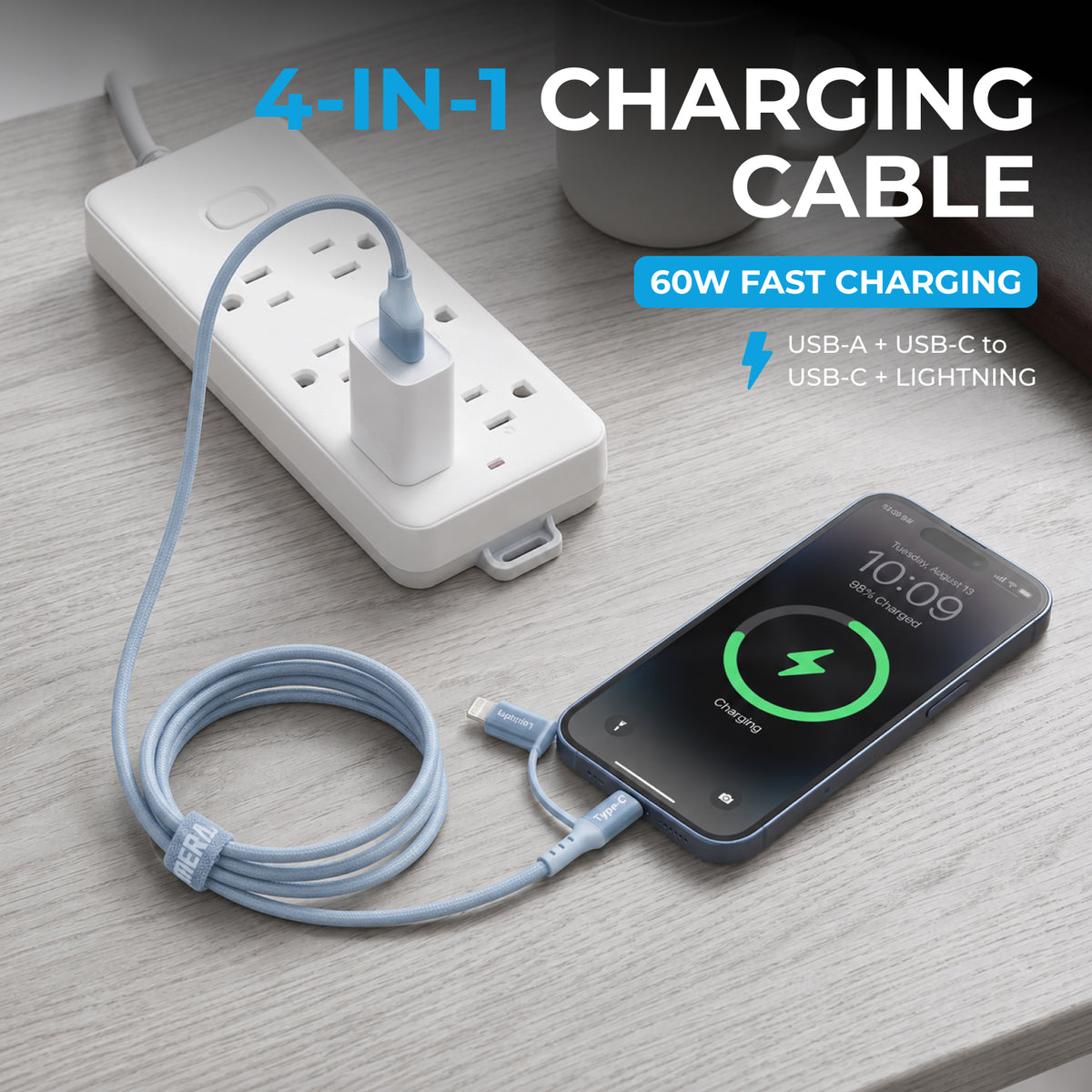 Emerald 6ft 4-in-1 Braided USB-A & Type-C to Lightning & Type-C, Fast Charging & Data Syncing Cable