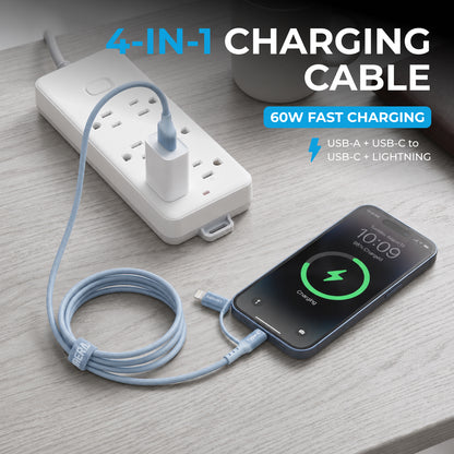 Emerald 6ft 4-in-1 Braided USB-A & Type-C to Lightning & Type-C, Fast Charging & Data Syncing Cable