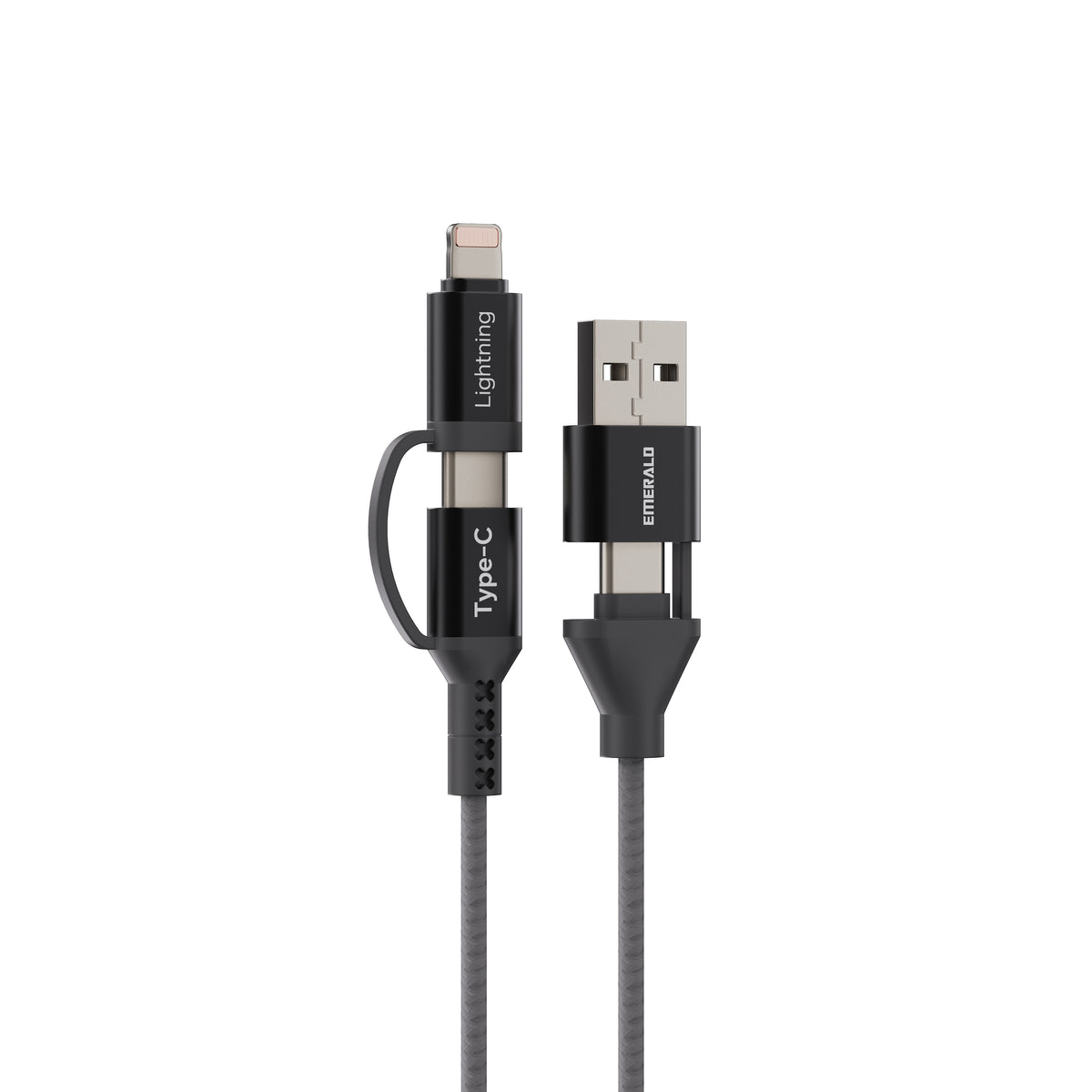 Emerald 6ft 4-in-1 Braided USB-A & Type-C to Lightning & Type-C, Fast Charging & Data Syncing Cable