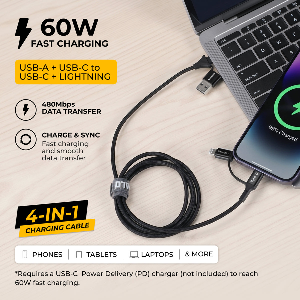 Emerald 6ft 4-in-1 Braided USB-A & Type-C to Lightning & Type-C, Fast Charging & Data Syncing Cable