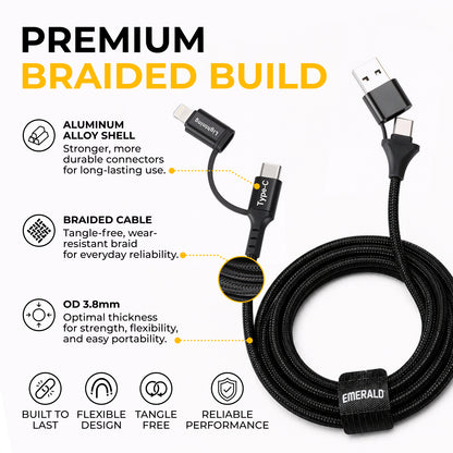 Emerald 6ft 4-in-1 Braided USB-A & Type-C to Lightning & Type-C, Fast Charging & Data Syncing Cable