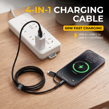 Emerald 6ft 4-in-1 Braided USB-A & Type-C to Lightning & Type-C, Fast Charging & Data Syncing Cable