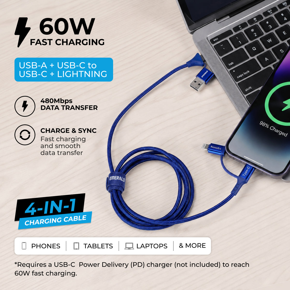 Emerald 6ft 4-in-1 Braided USB-A & Type-C to Lightning & Type-C, Fast Charging & Data Syncing Cable