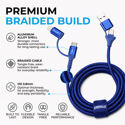 Emerald 6ft 4-in-1 Braided USB-A & Type-C to Lightning & Type-C, Fast Charging & Data Syncing Cable