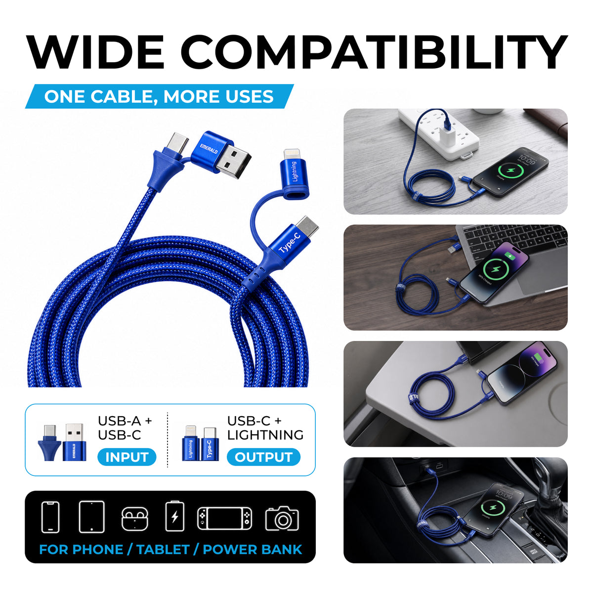 Emerald 6ft 4-in-1 Braided USB-A & Type-C to Lightning & Type-C, Fast Charging & Data Syncing Cable