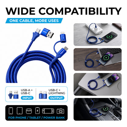 Emerald 6ft 4-in-1 Braided USB-A & Type-C to Lightning & Type-C, Fast Charging & Data Syncing Cable