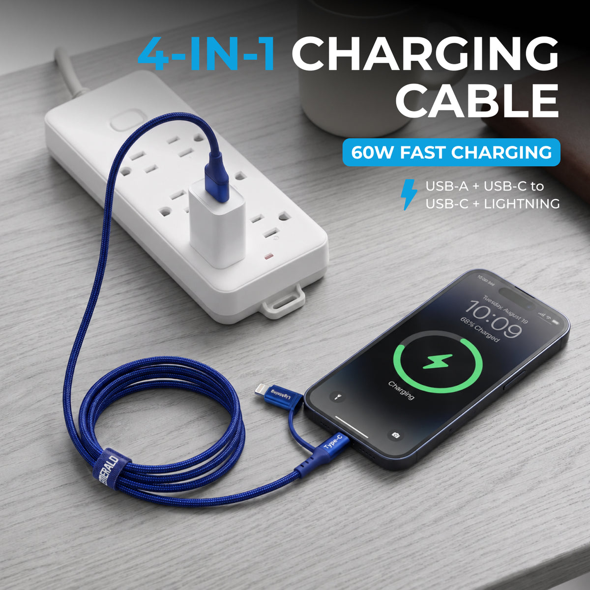 Emerald 6ft 4-in-1 Braided USB-A & Type-C to Lightning & Type-C, Fast Charging & Data Syncing Cable