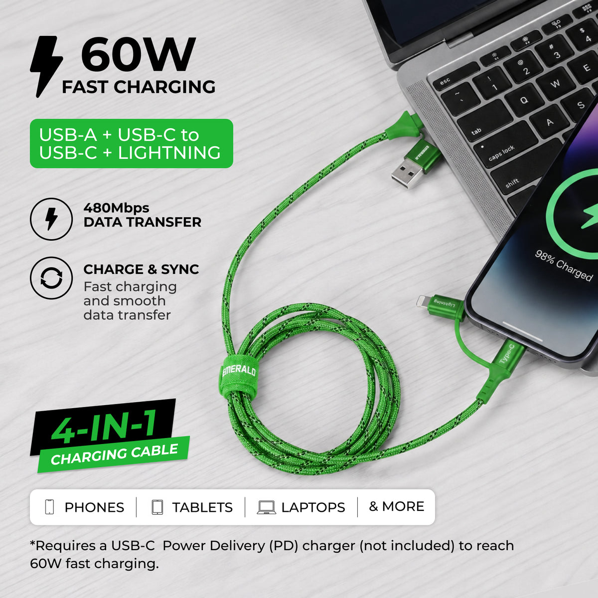 Emerald 6ft 4-in-1 Braided USB-A & Type-C to Lightning & Type-C, Fast Charging & Data Syncing Cable