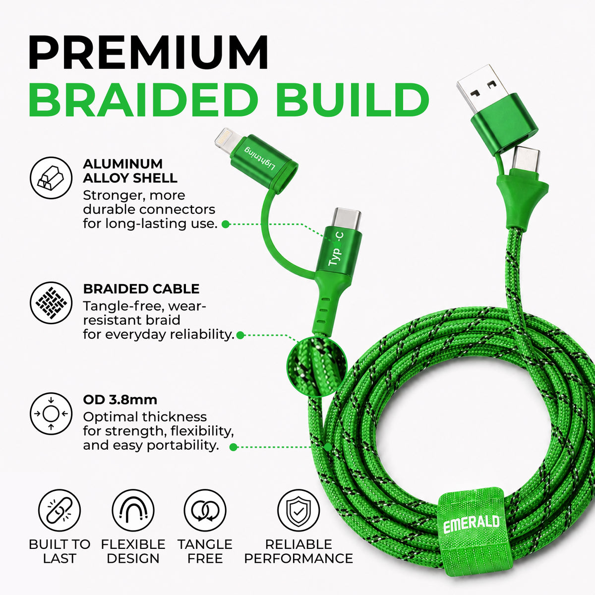 Emerald 6ft 4-in-1 Braided USB-A & Type-C to Lightning & Type-C, Fast Charging & Data Syncing Cable