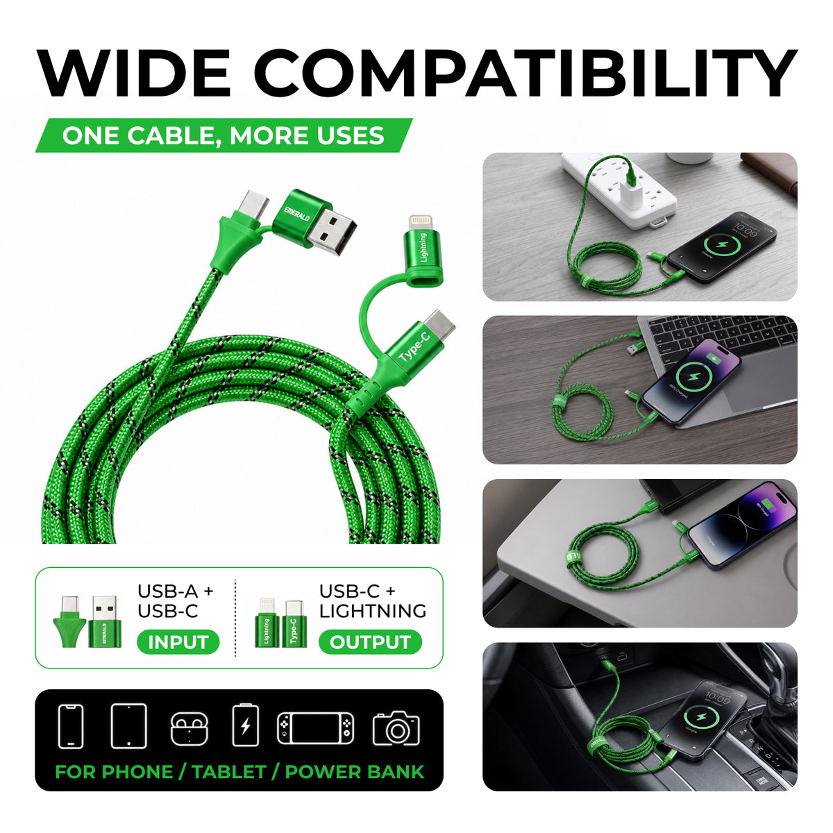 Emerald 6ft 4-in-1 Braided USB-A & Type-C to Lightning & Type-C, Fast Charging & Data Syncing Cable