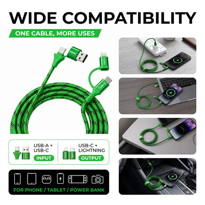 Emerald 6ft 4-in-1 Braided USB-A & Type-C to Lightning & Type-C, Fast Charging & Data Syncing Cable