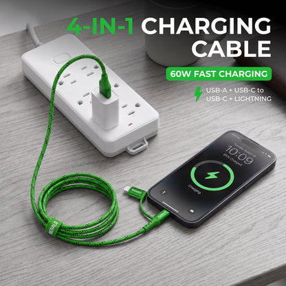 Emerald 6ft 4-in-1 Braided USB-A & Type-C to Lightning & Type-C, Fast Charging & Data Syncing Cable