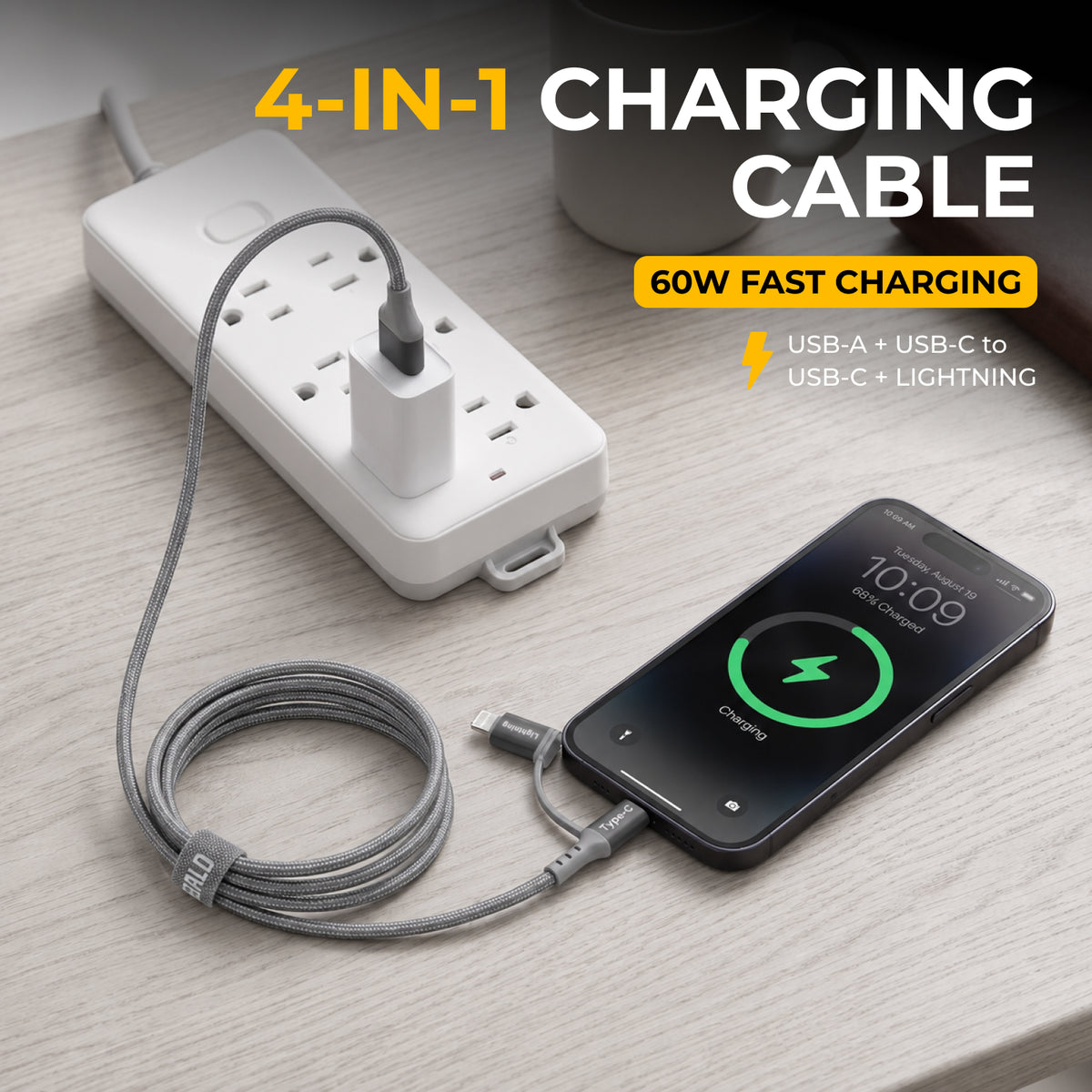 Emerald 6ft 4-in-1 Braided USB-A & Type-C to Lightning & Type-C, Fast Charging & Data Syncing Cable