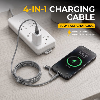 Emerald 6ft 4-in-1 Braided USB-A & Type-C to Lightning & Type-C, Fast Charging & Data Syncing Cable