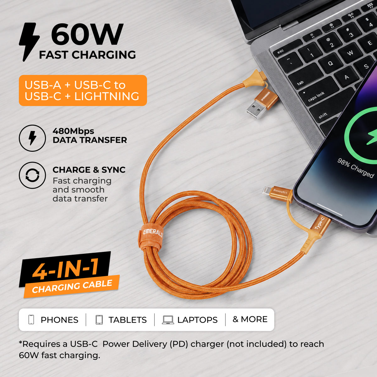 Emerald 6ft 4-in-1 Braided USB-A & Type-C to Lightning & Type-C, Fast Charging & Data Syncing Cable