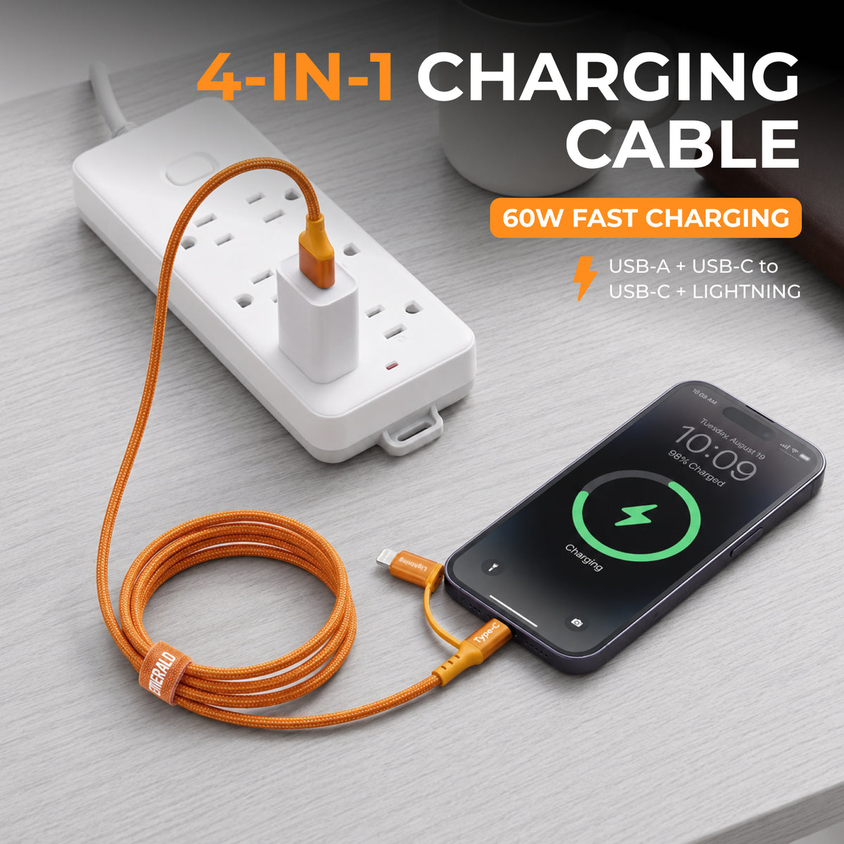 Emerald 6ft 4-in-1 Braided USB-A & Type-C to Lightning & Type-C, Fast Charging & Data Syncing Cable