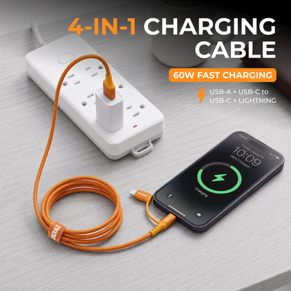 Emerald 6ft 4-in-1 Braided USB-A & Type-C to Lightning & Type-C, Fast Charging & Data Syncing Cable