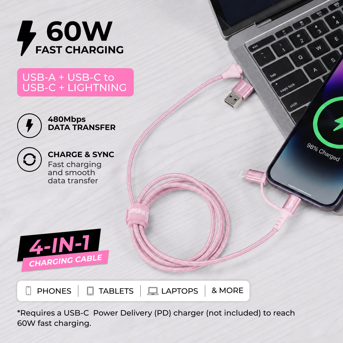 Emerald 6ft 4-in-1 Braided USB-A & Type-C to Lightning & Type-C, Fast Charging & Data Syncing Cable