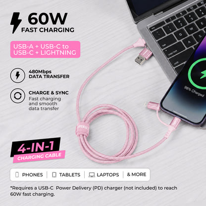 Emerald 6ft 4-in-1 Braided USB-A & Type-C to Lightning & Type-C, Fast Charging & Data Syncing Cable