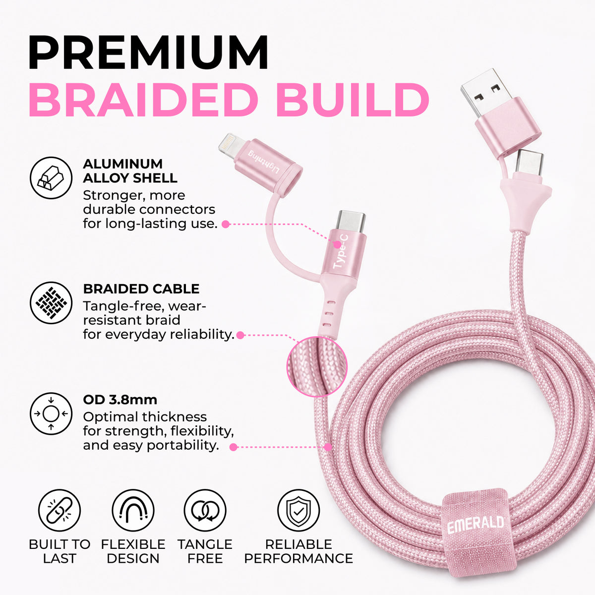 Emerald 6ft 4-in-1 Braided USB-A & Type-C to Lightning & Type-C, Fast Charging & Data Syncing Cable