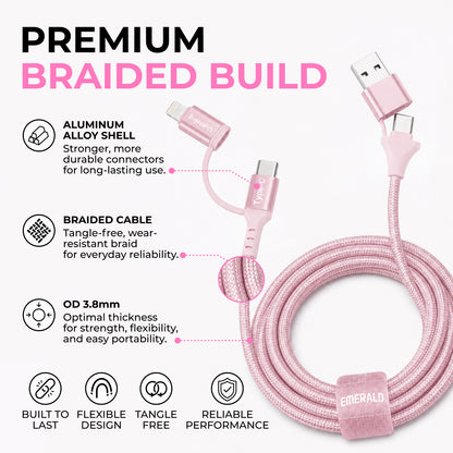 Emerald 6ft 4-in-1 Braided USB-A & Type-C to Lightning & Type-C, Fast Charging & Data Syncing Cable