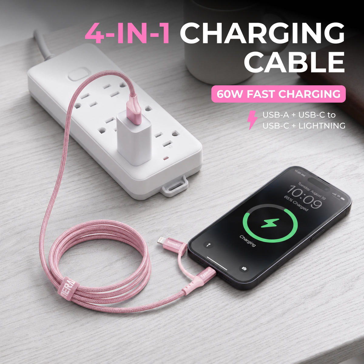 Emerald 6ft 4-in-1 Braided USB-A & Type-C to Lightning & Type-C, Fast Charging & Data Syncing Cable