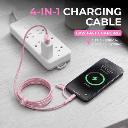 Emerald 6ft 4-in-1 Braided USB-A & Type-C to Lightning & Type-C, Fast Charging & Data Syncing Cable