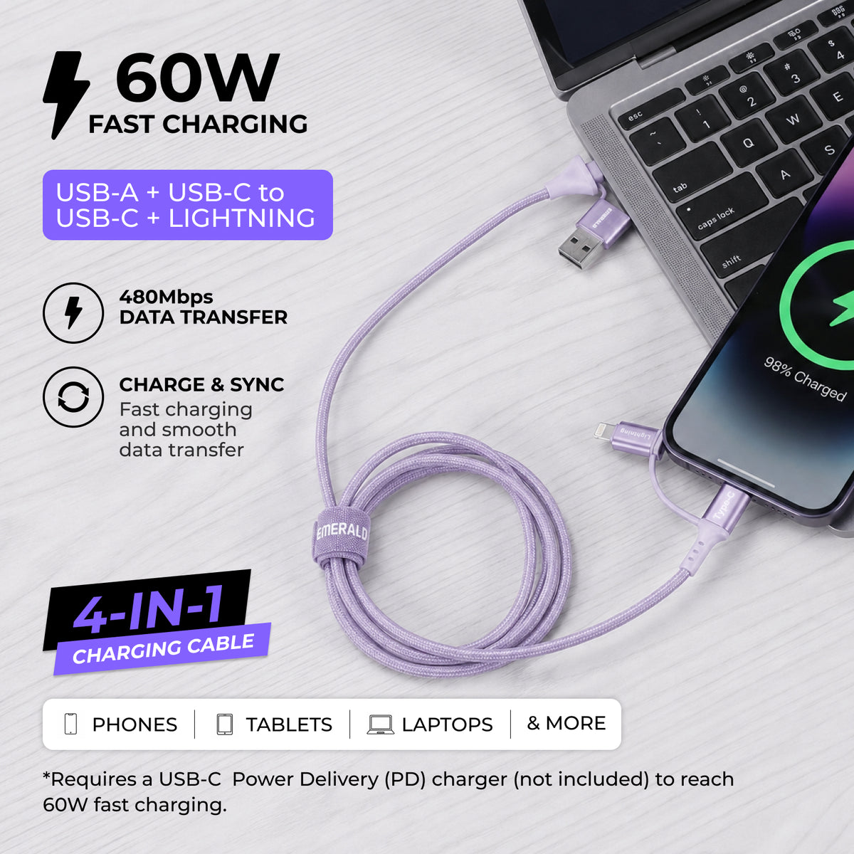 Emerald 6ft 4-in-1 Braided USB-A & Type-C to Lightning & Type-C, Fast Charging & Data Syncing Cable