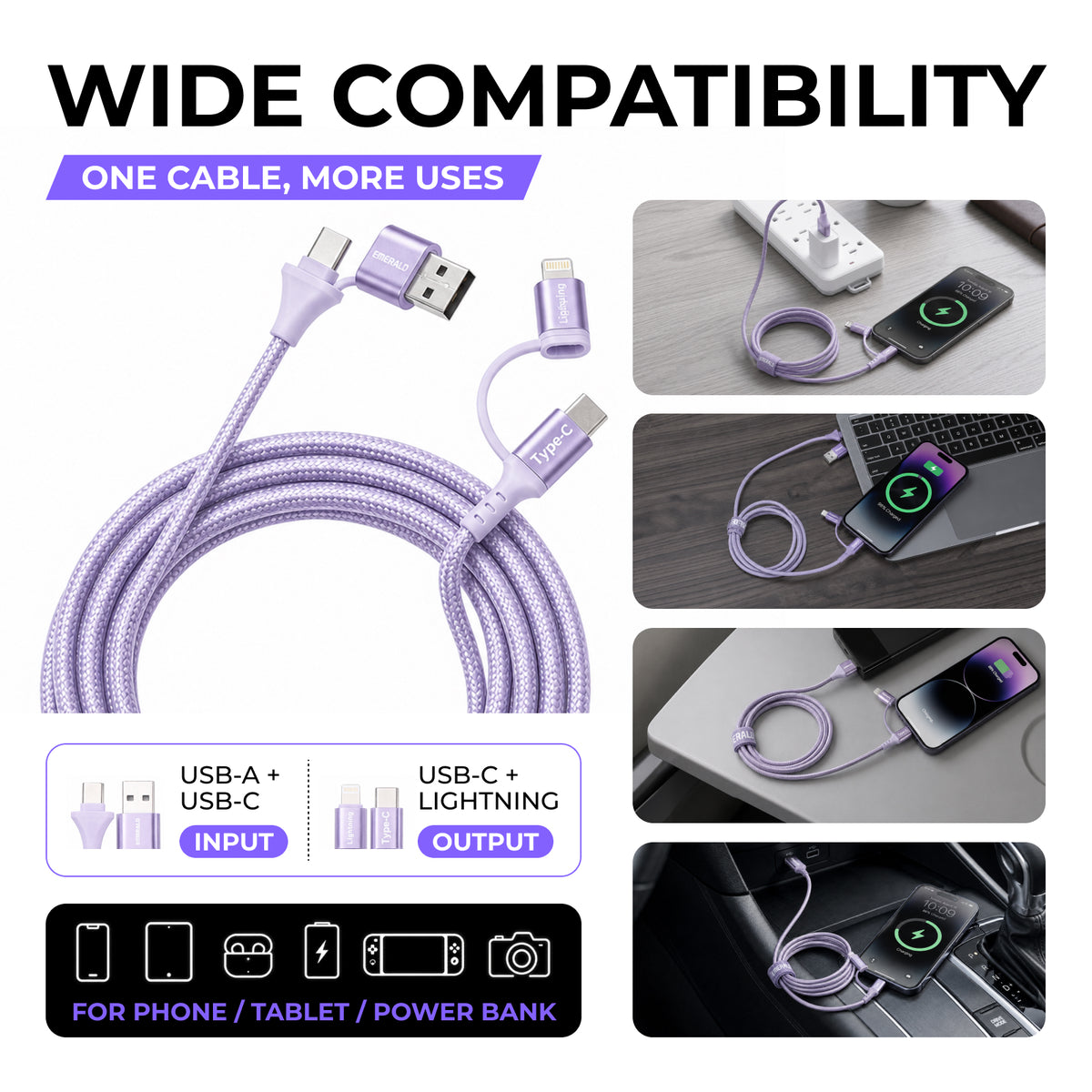Emerald 6ft 4-in-1 Braided USB-A & Type-C to Lightning & Type-C, Fast Charging & Data Syncing Cable