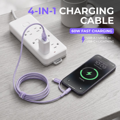 Emerald 6ft 4-in-1 Braided USB-A & Type-C to Lightning & Type-C, Fast Charging & Data Syncing Cable
