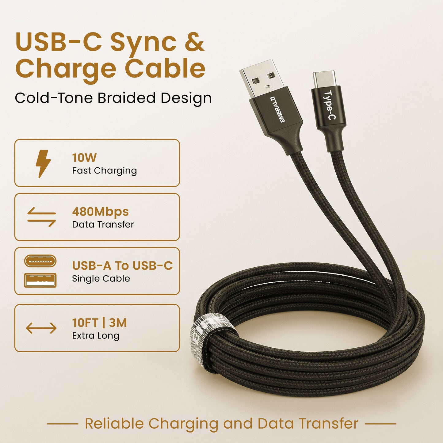 Emerald 10ft Braided USB-A to USB-C (Type-C), Fast Charging & Data Syncing Cable