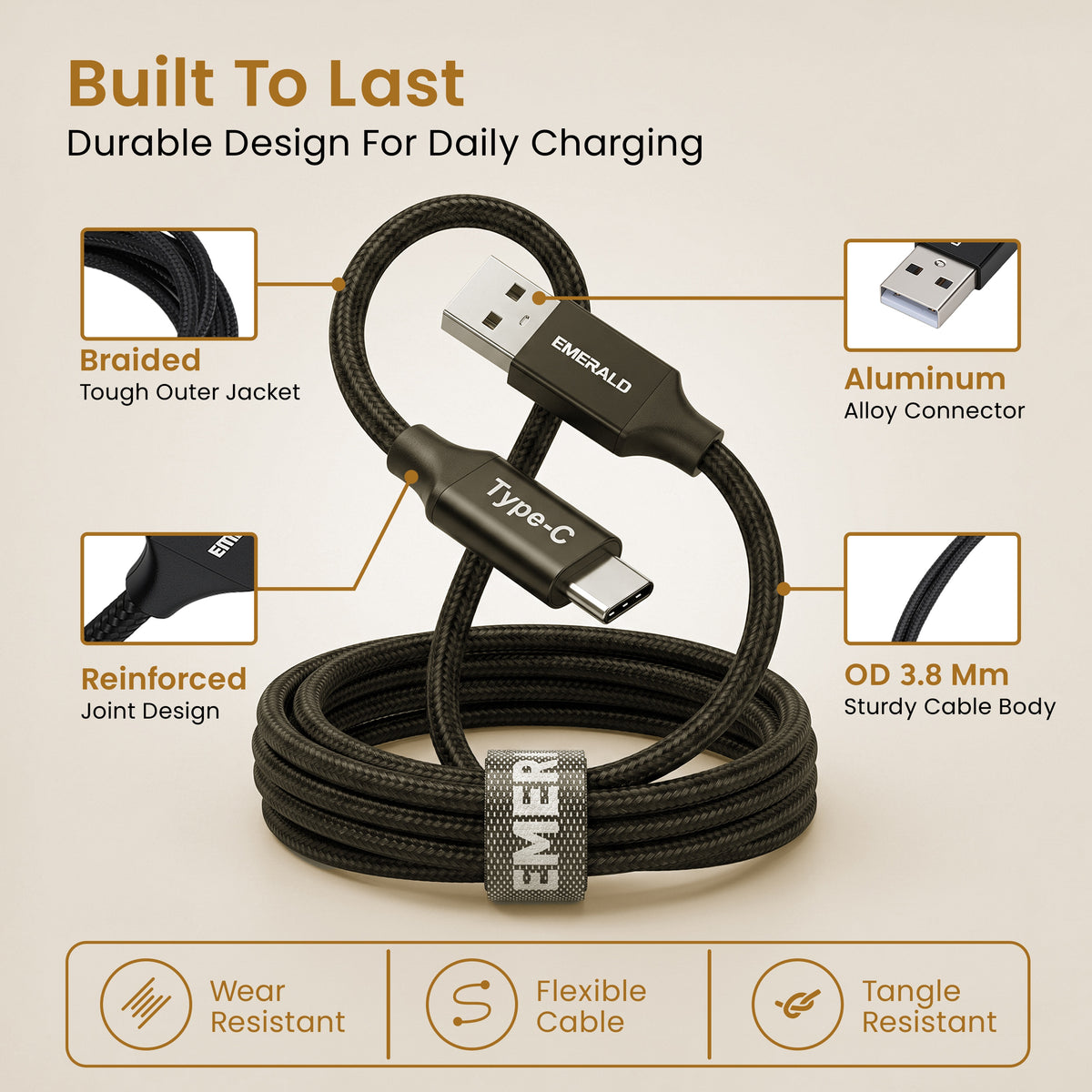 Emerald 10ft Braided USB-A to USB-C (Type-C), Fast Charging & Data Syncing Cable