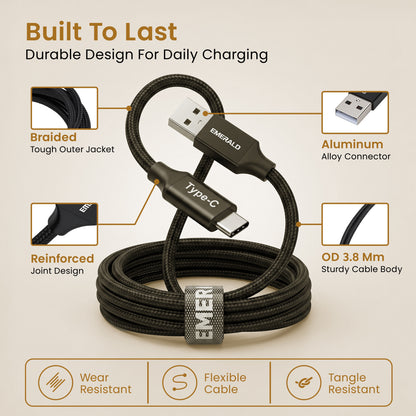 Emerald 10ft Braided USB-A to USB-C (Type-C), Fast Charging & Data Syncing Cable