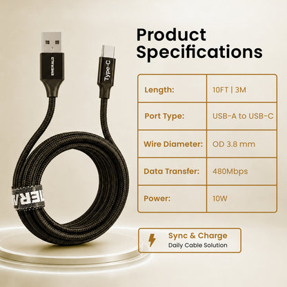 Emerald 10ft Braided USB-A to USB-C (Type-C), Fast Charging & Data Syncing Cable
