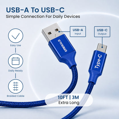 Emerald 10ft Braided USB-A to USB-C (Type-C), Fast Charging & Data Syncing Cable