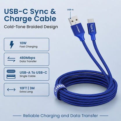 Emerald 10ft Braided USB-A to USB-C (Type-C), Fast Charging & Data Syncing Cable