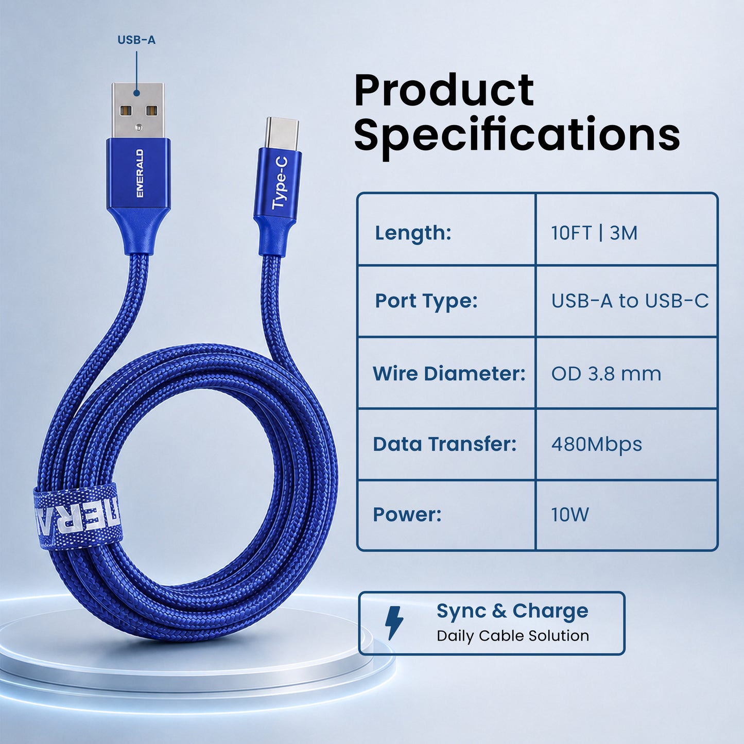Emerald 10ft Braided USB-A to USB-C (Type-C), Fast Charging & Data Syncing Cable
