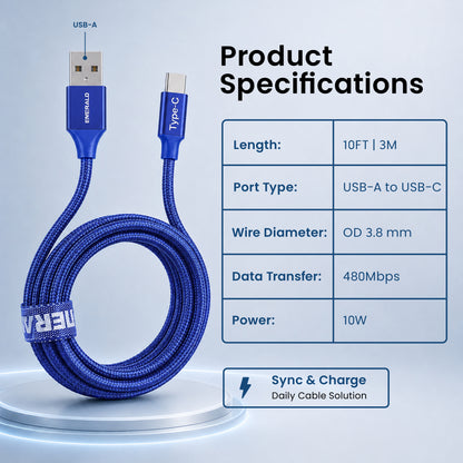 Emerald 10ft Braided USB-A to USB-C (Type-C), Fast Charging & Data Syncing Cable