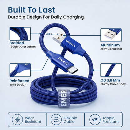 Emerald 10ft Braided USB-A to USB-C (Type-C), Fast Charging & Data Syncing Cable