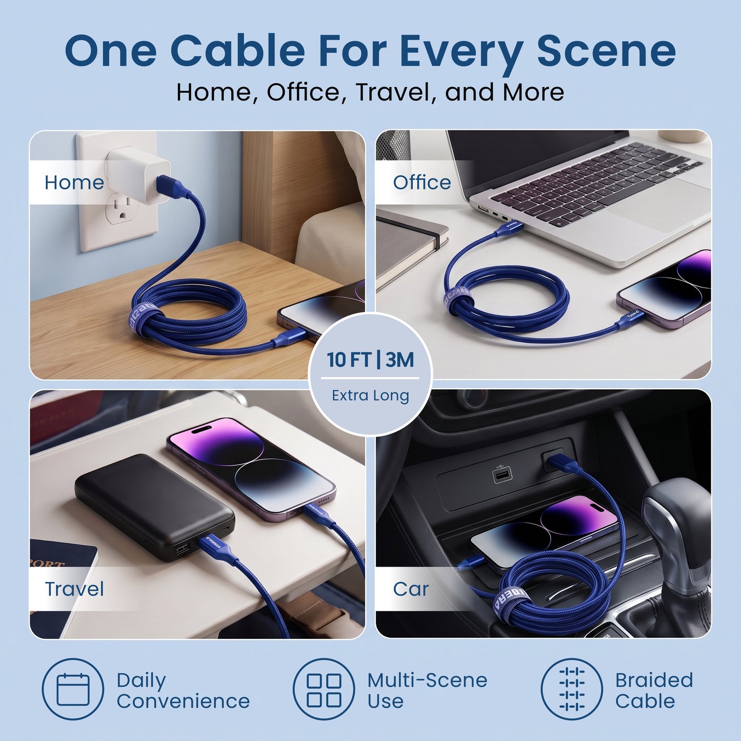 Emerald 10ft Braided USB-A to USB-C (Type-C), Fast Charging & Data Syncing Cable